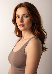 Fototapeta premium Young woman with wavy brown hair in sleeveless patterned top posing confidently in soft light
