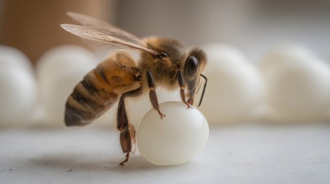 Queen Bee meticulously placing tiny egg in macro detail showcasing vital role in colony reproduction