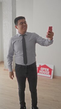 Man holds red smartphone for selfie beside open house sign in empty building; property listing confidence.