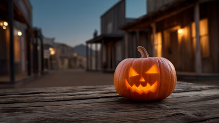Fototapeta premium Carved glowing pumpkin on wooden street at dusk, Halloween jack o lantern, spooky rustic town background, warm candlelight decoration, eerie autumn evening, festive cinematic seaso