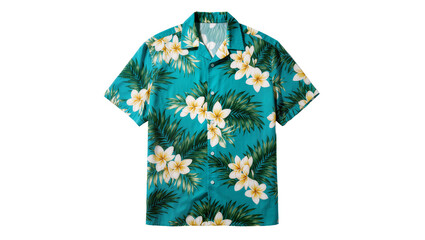 Turquoise Hawaiian shirt with white plumeria flowers and green palm leaves, isolated on transparent background © Elena
