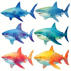 Obraz premium Set of colorful watercolor sharks isolated on white background