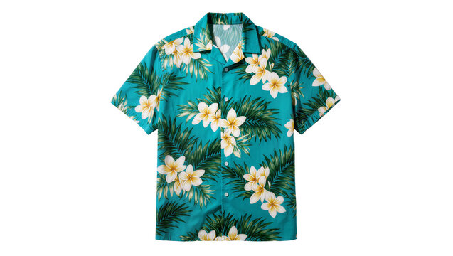 Turquoise Hawaiian shirt with white plumeria flowers and green palm leaves, isolated on transparent background