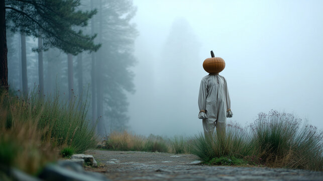 Pumpkin head figure in misty pine forest, spooky Halloween character, lonely scarecrow costume, foggy woodland path, eerie autumn atmosphere, cinematic horror scene, realistic fant