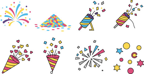 Obraz premium Confetti and Celebration Vector Set Featuring Fireworks, Confetti Cannons, Party Poppers, and Colorful Decorations for Party, Event, and Celebration Designs