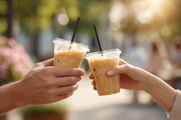 Couple shares iced coffee drinks in park during sunny afternoon with people in background enjoying day © lublubachka