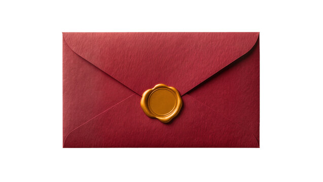 Deep red textured envelope sealed with golden wax, isolated on transparent background