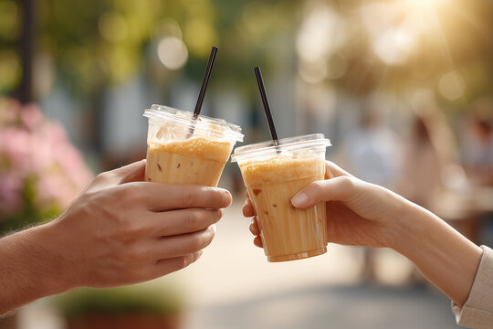Couple shares iced coffee drinks in park during sunny afternoon with people in background enjoying day