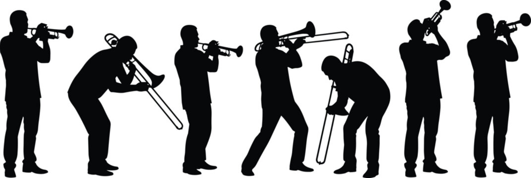 Minimalist black silhouette collection of trumpet and trombone players in dynamic standing poses representing musical performance, jazz band, orchestra, and live concert illustration