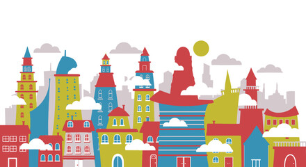 A pink cartoon princess castle with tall fantasy towers and flags stands as a fairytale building design against a blue sky in a magical village © MASKURI