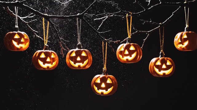 Spooky Jack-o'-lanterns illuminated by glowing lights hang from tree branches, creating a festive and eerie Halloween night atmosphere