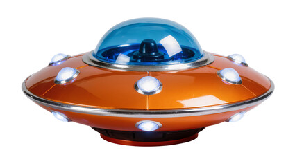 Orange metallic flying saucer toy with blue dome and lights, isolated on transparent background © Elena
