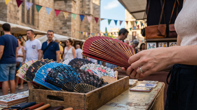 Close-up of woman tourist hands browsing colorful handmade fans at craft stall in Barcelona city fair, warm soft afternoon light