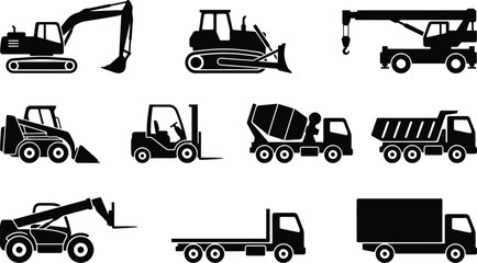 Heavy machinery and trucks vector illustration set for construction and industry use featuring excavators bulldozers cranes and dump trucks © Bst