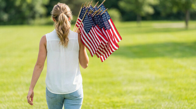 Close-up back view of girl carrying armful of American flags, positioned on left, green lawn background, Flag Day