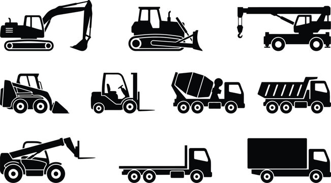 Heavy machinery and trucks vector illustration set for construction and industry use featuring excavators bulldozers cranes and dump trucks