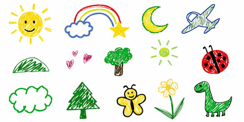 Child s drawing featuring sun rainbow trees and various whimsical objects © Bithi