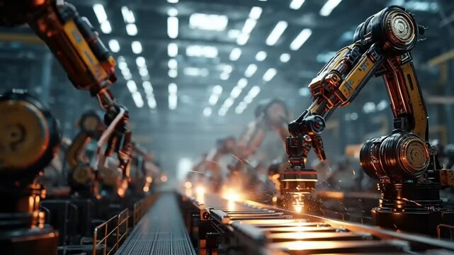Robotic arms working on assembly line.