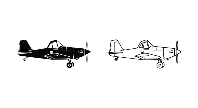 Detailed illustration of a small crop duster airplane black and white silhouette