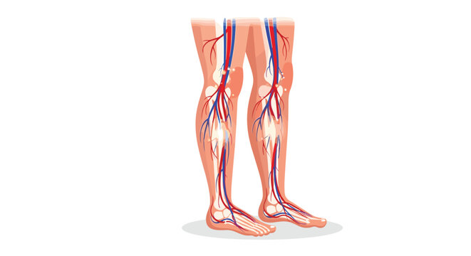 An educational anatomical diagram displays the intricate human leg circulatory system with vibrant red arteries and blue veins against a clean backdrop.