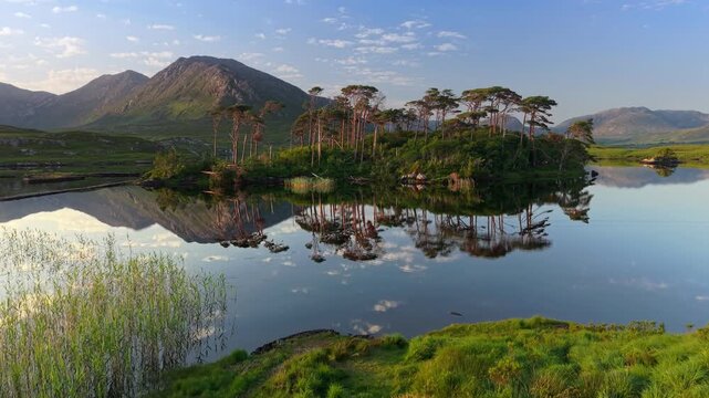 Aerial shot of Pine Island reflecting on Derryclare Lough in Connemara, Ireland. Mountains surround Pine Island and the lake in Ireland
