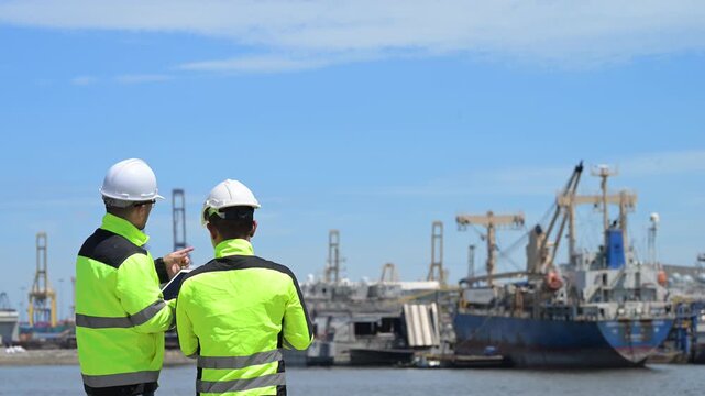 An engineer works at a busy shipping port, inspecting containers and managing logistics operations, ensuring smooth import and export processes with safety and efficiency in global trade.