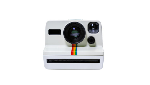 Retro white instant camera with rainbow stripe, isolated on transparent background