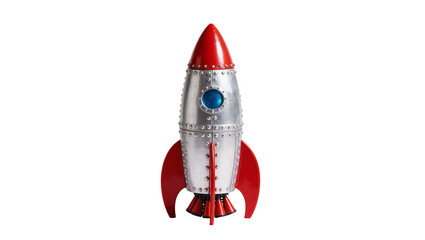 Fototapeta premium Retro silver rocket with red fins and nose cone, isolated on transparent background