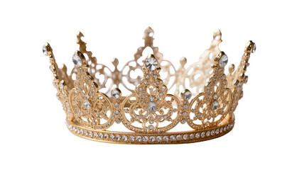 Ornate golden tiara with clear crystals, isolated on transparent background © Elena