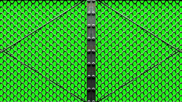 Industrial metal mesh gate with bolts and frame on green screen background, seamless loop animation for chroma key editing, security fence texture backdrop