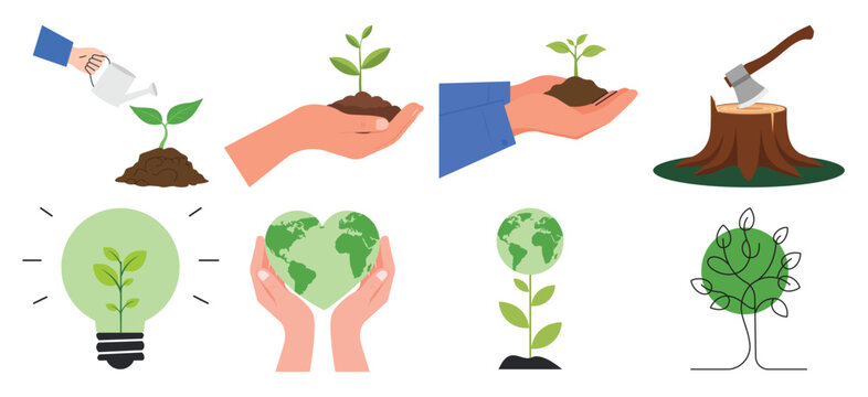 Set of ecology vector featuring hands holding green plants and the world globe to promote the concept of save tree and save the planet.
