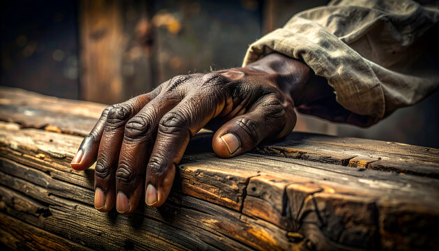 Close up on a dark-skinned hand resting on weathered wood showcasing texture and detail with warm color tones and natural light