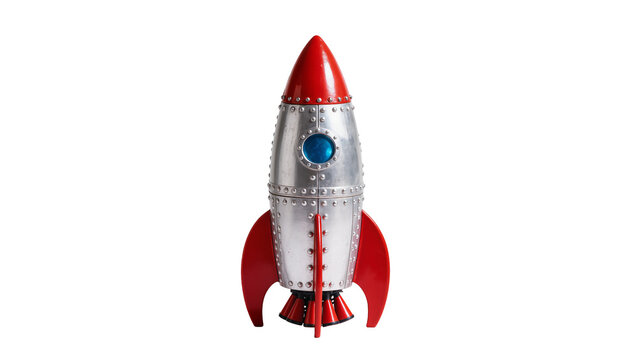 Retro silver rocket with red fins and nose cone, isolated on transparent background