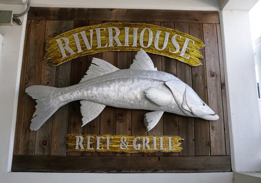 Palmetto, Florida, U.S.A - March 27, 2026 - The Riverhouse Reef and Grill restaurant wooden sign featuring a metallic snook sculpture with distressed yellow plaques
