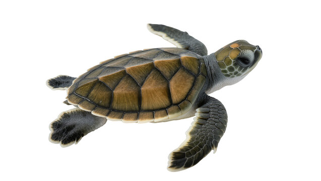Small green sea turtle swimming, isolated on transparent background