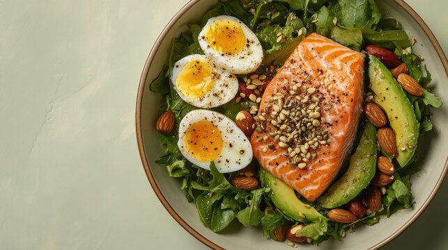 Healthy food, salmon fillets, eggs, nuts, seeds, quinoa.
