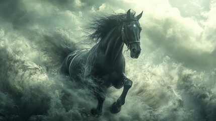 Obraz premium Black Horse Running Through Stormy Waves