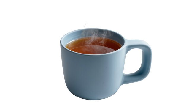 Light blue ceramic mug filled with hot tea steam rising, isolated on transparent background