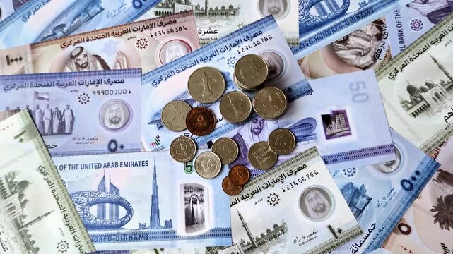 United Arab Emirates cash, paper dirhams, and coins for exchange and financial transactions. UAE currency as a background for your design
