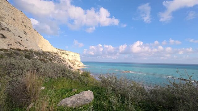 Scenic view of Zapallo Bay with white limestone cliffs and turquoise sea, Episkopi, Cyprus, 4k static shot
