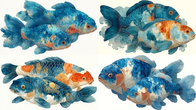 Watercolor Koi Fish Collection with Blue and Orange Patterns