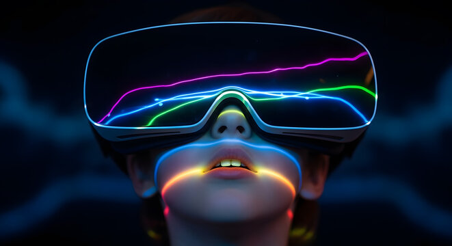 Child Wearing VR Headset with Vibrant Neon Light Streaks | Immersive Metaverse Gaming and Futuristic Technology | Digital World Exploration for Future Education | Augmented Reality Creative Concept