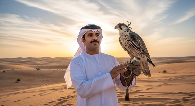 Man in traditional attire with falcon in desert at sunset.