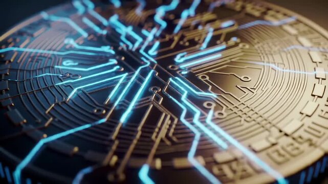 Abstract digital circuit board with glowing blue lines , Futuristic glowing circuit board with blue data flow and energy, Abstract digital technology and blockchain background.