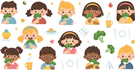 Obraz premium Cute kids eating broccoli and healthy vegetables, happy children enjoying nutritious food cartoon vector illustration set for healthy eating education