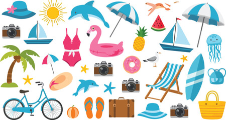 Summer beach vacation elements collection with umbrella, dolphin, bicycle, swimsuit, pineapple, surfboard, suitcase, and seaside travel icons vector illustration set © Mst