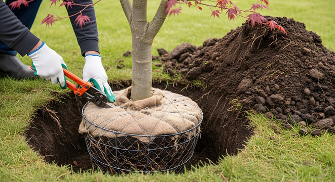 Planting a Japanese maple tree in the garden | Professional landscaping tree installation process | Removing wire basket from root ball during planting | Landscaper planting balled and burlapped tree