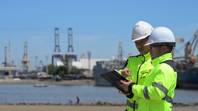 An engineer works at a busy shipping port, inspecting containers and managing logistics operations, ensuring smooth import and export processes with safety and efficiency in global trade.