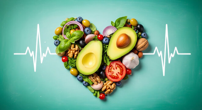 Heart shaped arrangement of fresh fruits and vegetables on teal background with ecg line