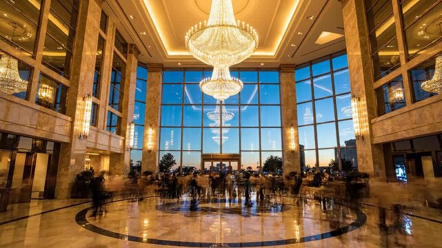 Guests gather in hotel lobby with large windows and a chandelier during evening hours